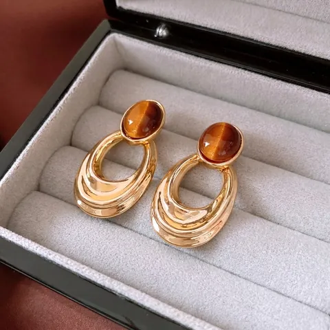 Vintage Tiger Eye Stone Oval Drop Earrings With 925 Sterling Silver Earring Post 18K Real Gold Plated Retro Jewelry
