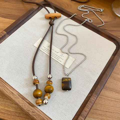 Retro Ethnic Tiger Eye Stone Pendant Long Necklace With Wood Beads And Wax Rope Or Metal Bead Chain For Women