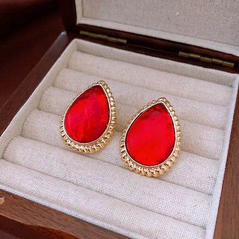 Orecchini A Goccia Vintage Lega Placcata Oro Con Resina Rossa E Perno In Argento Gioielli Retro Lusso Per Donna