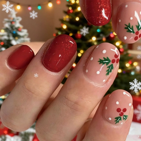 Christmas Press On Nails Short Square Red Glitter Holly Berry Leaf Pattern ABS Plastic Glossy Artificial Fingernails Women