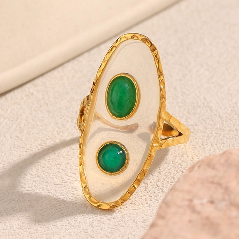 Vintage Offener Ring 18K Vergoldet Edelstahl Hammerschlag Optik Transparentes Acryl Grüner Harz Edelstein Retro Schmuck