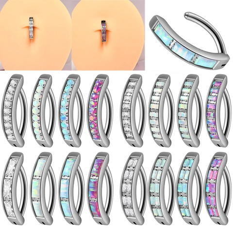 Curved Stainless Steel Belly Button Ring With Artificial Opal And Zirconia Rectangular Inlaid Navel Piercing Jewelry For Women