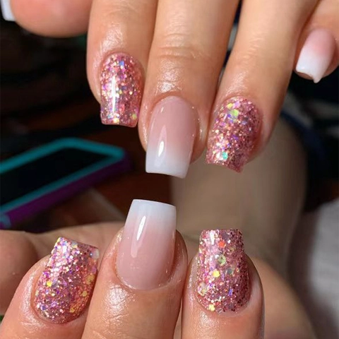 Pink Ombre Press On Nägel Glitzer Verlauf Quadratisch Künstliche Falsche Fingernägel Maniküre Zubehör