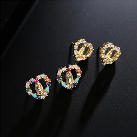 Heart Shaped Copper Earrings With Virgin Mary Relief Gold Plated Zircon Studs Religious Jewelry