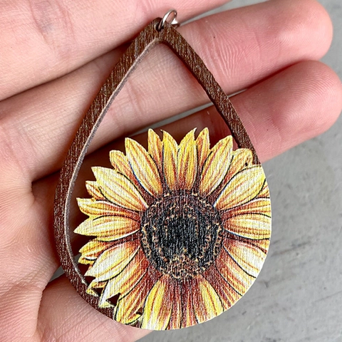 Western Holz Wassertropfen Hängeohrringe Mit Sonnenblume Kaktus Muster Eisenhaken Vintage Retro Bohemian Stil Für Damen