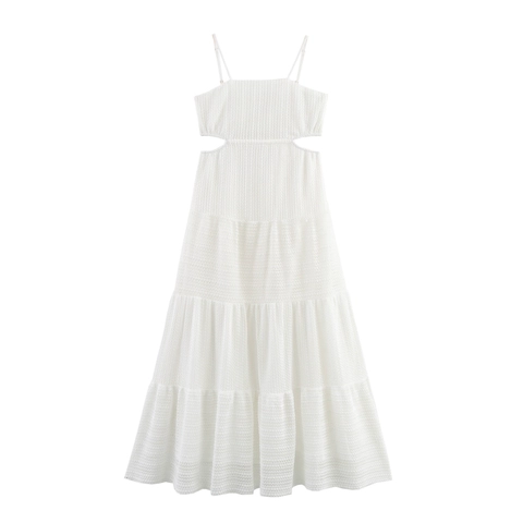 Women White Hollow Out Waist Mesh Maxi Dress Tiered Spaghetti Strap Square Neck Summer Beach Vacation Elegant Long Vestido