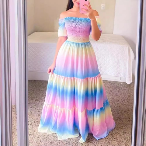 Women Smocked Off Shoulder Maxi Dress Polyester Floral Butterfly Rainbow Print Tiered Bohemian Holiday Long Dress