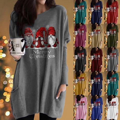 Damen Casual Weihnachten Weihnachtsmann Gnom Druck Langarm T-Shirt Kleid Mit Taschen Rundhals Lockeres Festliches Partykleid