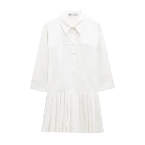 Women White Pleated Shirt Dress Short Sleeve Lapel Button Down Polyester Mini Everyday Wear Casual Elegant