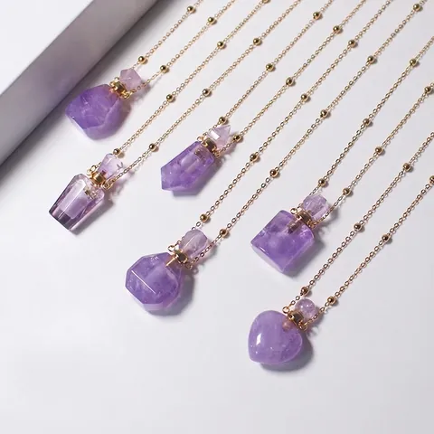 Natural Amethyst Perfume Bottle Pendant Necklace 18K Gold Plated Copper Essential Oil Diffuser Jewelry For Women