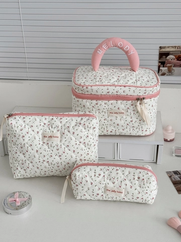 Doorgestikte Katoenen Make-Up Tas Met Bloemen Draagbare Reis-Organizer Cosmetische Etui Ritssluiting