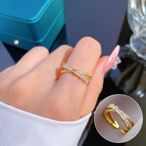 Criss Cross Adjustable Open Ring Gold Plated Brass With Cubic Zirconia Minimalist Fashion Jewelry For Women