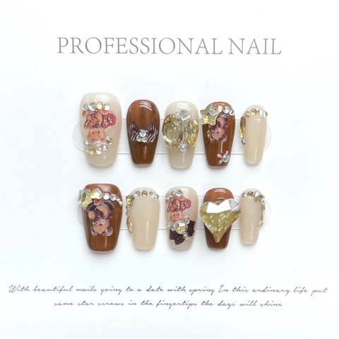 Handmade Press On Nails Long Coffin Brown Cream Bear Bow 3D Rhinestones Luxury Sweet Female Artificial Fingernails