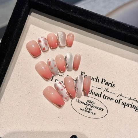 Handmade Press On Nails Leopard Cat Eye French Style Trapezoid Nude Pink Rhinestones Gold Foil