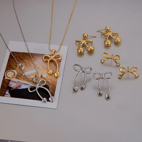 Edelstahl Schleife Herz Kirsche Anhänger Halskette Und Ohrstecker Set Gold Silber Strass Schmuck Für Damen Geschenk