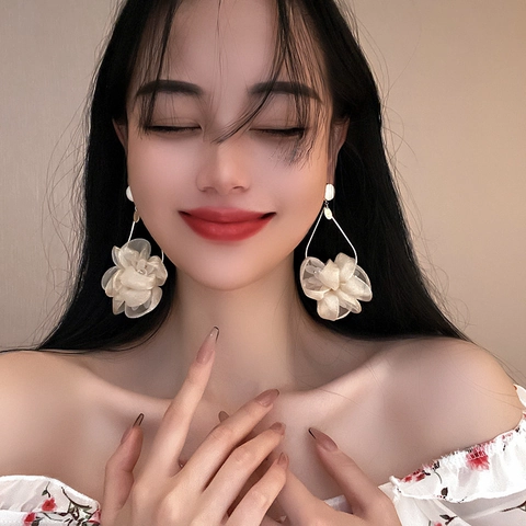 Large Fabric Floral Drop Earrings With 925 Sterling Silver Earring Post Alloy Geometric Frame Sweet Elegant For Women