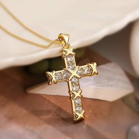 Collana Con Pendente A Croce Rame Placcato Oro Zirconia Gioielli Moda Religiosa Donna Catena Di Clavicola Scintillante Regalo
