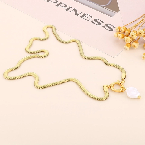 Collar De Cadena De Serpiente De Acero Inoxidable Con Colgante De Perla Barroca Artificial Irregular Joyería Minimalista Retro Francesa