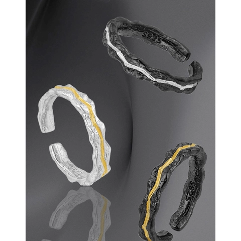 Bague Ouverte en Argent Sterling 925 pour Femme Rétro Texture Irrégulière Ajustable Bicolore Électroplaquée Bijoux Minimalistes