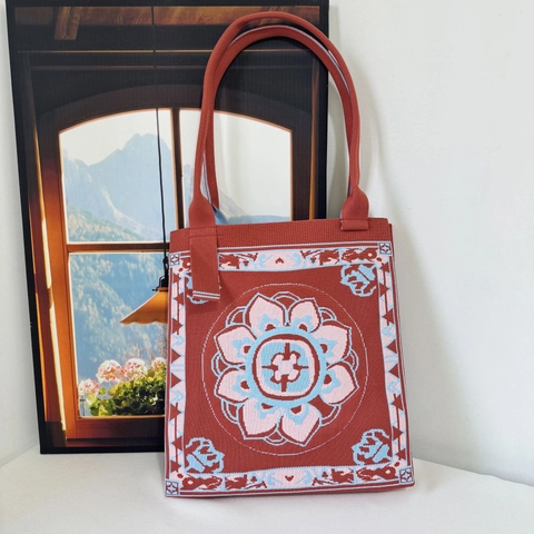Vintage Floral Knitted Polyester Tote Bag Women Large Capacity Mandala Pattern Ethnic Style Crochet Shoulder Bag Handbag