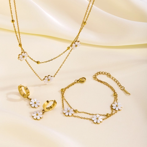Stainless Steel Daisy Flower Necklace Bracelet Earrings Collection For Women White Shell Gold Plated Double Layer Jewelry Accessories