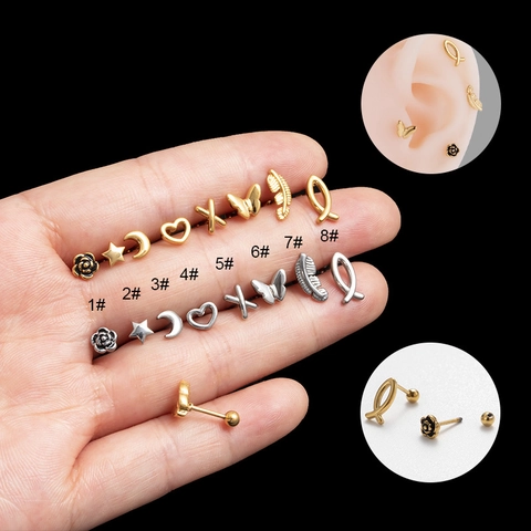Mini Stainless Steel Stud Earrings For Cartilage Helix Piercing Star Moon Heart Flower Shapes Fashion Jewelry For Women Men