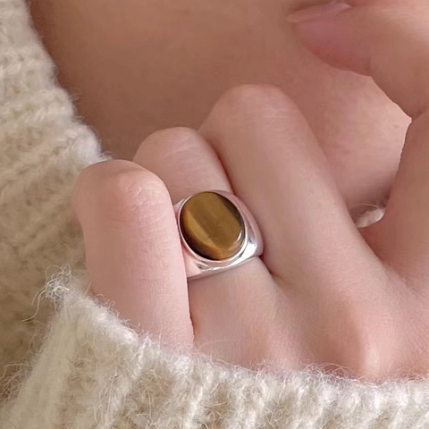 Anello In Argento Sterling 925 Minimalista Con Occhio Di Tigre Ovale Gioielli Da Dito Aperti Regolabili Per Donna