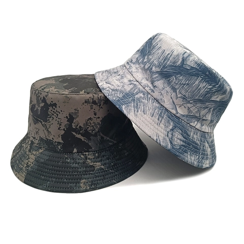 Chapeau Bob Réversible Polyester Protection Solaire Feuille De Palmier Tropicale Peinture À L'encre Vintage Été