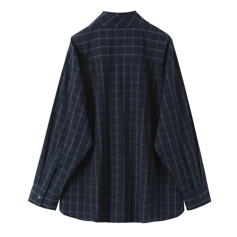Camisa De Cuadros Para Mujer Manga Larga Con Lazo Cuello Botones Blusa Casual Oficina Poliéster Azul Marino