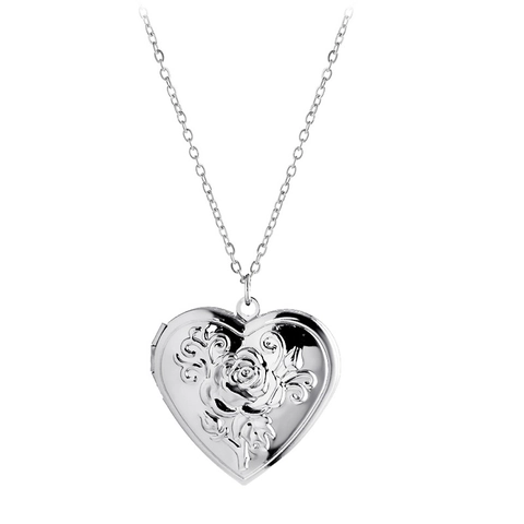 Heart Locket Necklace With Rose Relief Stainless Steel Copper Photo Holder Vintage Romantic Jewelry For Women