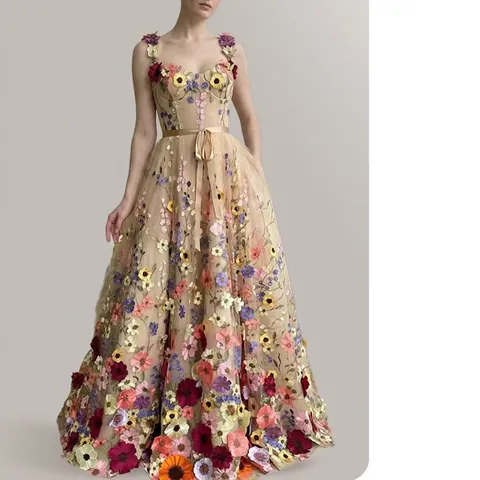 Abito Maxi Ricamo Floreale 3D Tulle Spalline Sottili Scollo A Cuore Vestibilità Aderente Abito Da Sera Formale Per Donna