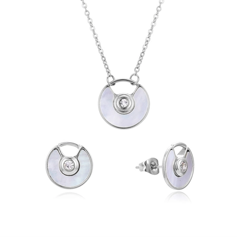 Collana Orecchini in Acciaio Inossidabile Tonda Smaltata Vintage Francese Ciondolo Amuleto Strass Catena Clavicola Gioielli