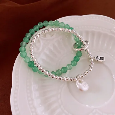 Zweilagiges Perlenarmband Legierung Grüner Farbiger Jadestein Lotusblatt Segen Schloss Anhänger Vintage Neu-Chinesischer Stil Schmuck Für Frauen