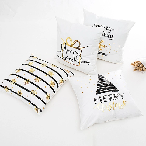 Weihnachts Kissenbezüge Weiß Goldfolie Druck Weihnachtsbaum Schneeflocke Kissenhüllen Polyester Dekorative Wurfkissenbezüge