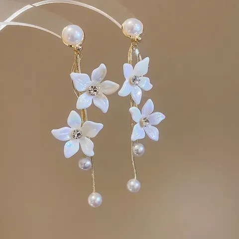 Pendientes Borla Flor Con Poste De Plata Esterlina 925 Aleación Diamante Imitación Perla Artificial Imitación Largo Elegante Mujer