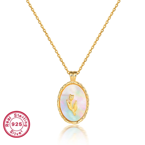 925 Sterlingsilber Perlmutt Tulpe Anhänger Halskette Vintage 3D Blumig Schlüsselbeinkette Gold Silber Schmuck Für Damen