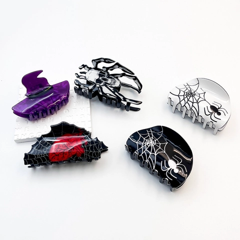 Halloween Hair Claw Clips Acrylic Spider Web Skull Witch Hat Gothic Ghost Party Hair Accessories For Women Girls