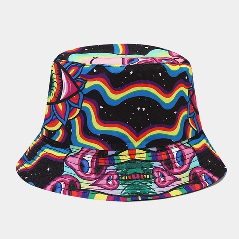 Wende-Anglerhut Polyester Pilzdruck Psychedelisches Auge Totenkopf-Muster Outdoor Sonnenschutz Streetwear Mode Fischerhut