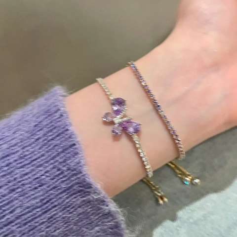 Bracciale Farfalla Regolabile Zircone Viola Rame Placcato Oro Chiusura Scorrevole Gioielli Eleganti