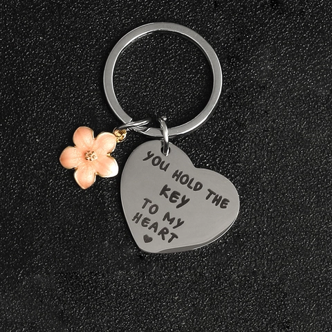 Porte-Clés Cœur En Acier Inoxydable Avec Fleur En Émail Gravé You Hold The Key To My Heart Cadeau De Saint-Valentin