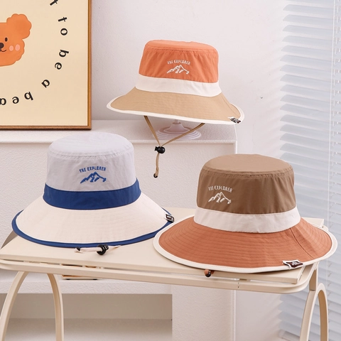 Cappello Da Pescatore Outdoor Bambini Poliestere Asciugatura Rapida Protezione Solare Ricamo Montagna Cordino Regolabile Ragazzi