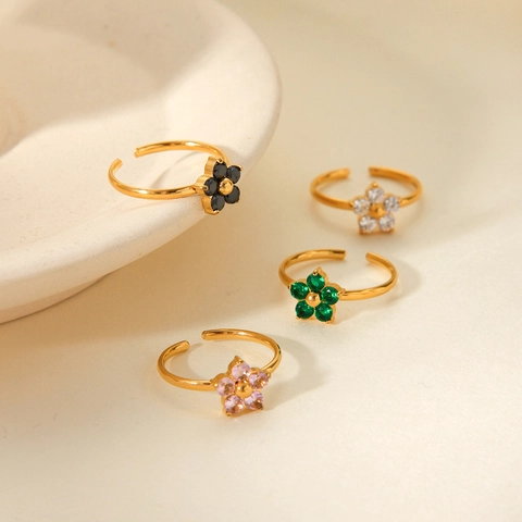 Anello Aperto A Fiore Elegante Francese In Acciaio Inossidabile Con Zirconi Intarsiati Gioielli Di Lusso Per Donne