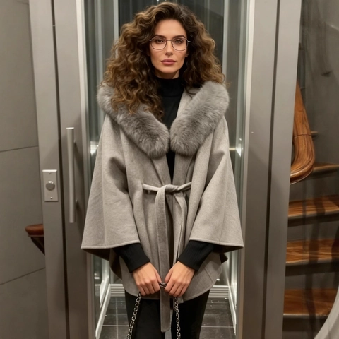 Mantella Elegante Da Donna Con Collo In Pelliccia Sintetica Effetto Lana Giacca Invernale Con Cintura Chic