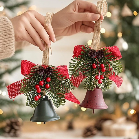 Christmas Bell Pendant Iron Ornament With Linen Bow Artificial Pine Needles Pine Cone Berry Xmas Tree Decoration Rustic