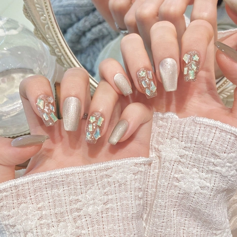 Handmade Press On Nails Cat Eye Effect Glitter Rhinestone Square Round Fake Nails Luxury Ice Transparent Shell Decor