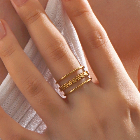Stainless Steel Flower Ring Multi Layer Three Row Open Adjustable Band Vintage Minimalist Jewelry Gift For Women