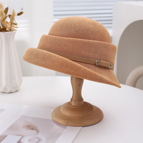 Elegant French Hepburn Style Bucket Hat Polyester Woven Cloche Hat With Leather Belt Buckle Adjustable Simple Sun Hat