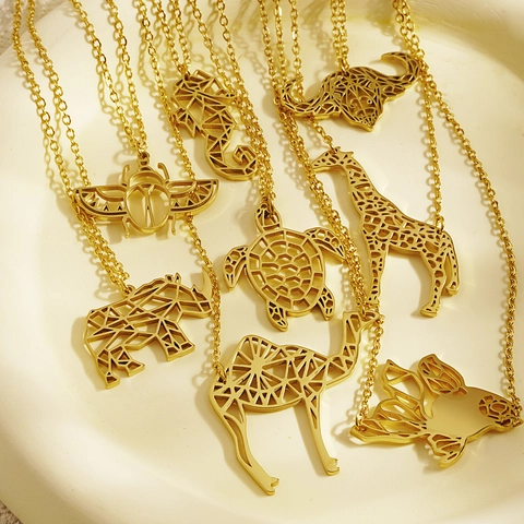 Stainless Steel Geometric Animal Pendant Necklace For Women Hollow Wolf Bear Fox Turtle Gold Plated Minimalist Fashion Jewelry