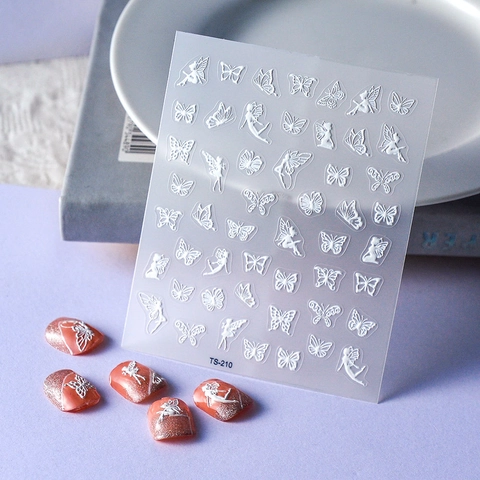 Stickers Ongles Relief 5D Blanc Papillon Fée Motifs Autocollants Décoration Manucure DIY Style Minimaliste Décor Art