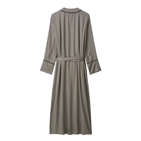 Elegant Satin Long Sleeve Robe For Women Taupe V-Neck Contrast Piping Belted Nightgown Comfortable Loungewear Maxi Dress